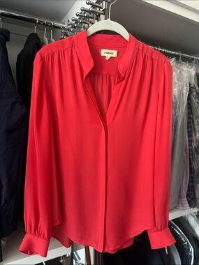 L'AGENCE Coral-Red Silk Band-Collar Blouse